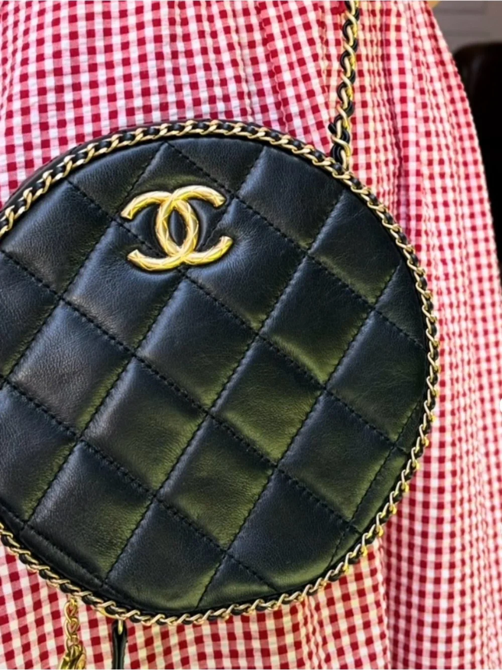 CHANEL Black Quilted Round Crossbody with Gold CC